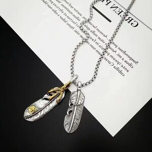 Silver and Gold Feather Pendant Necklace